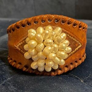 Pearl bead Cluster Leather Cuff Bracelet - Cream Pearl on Brown Leather